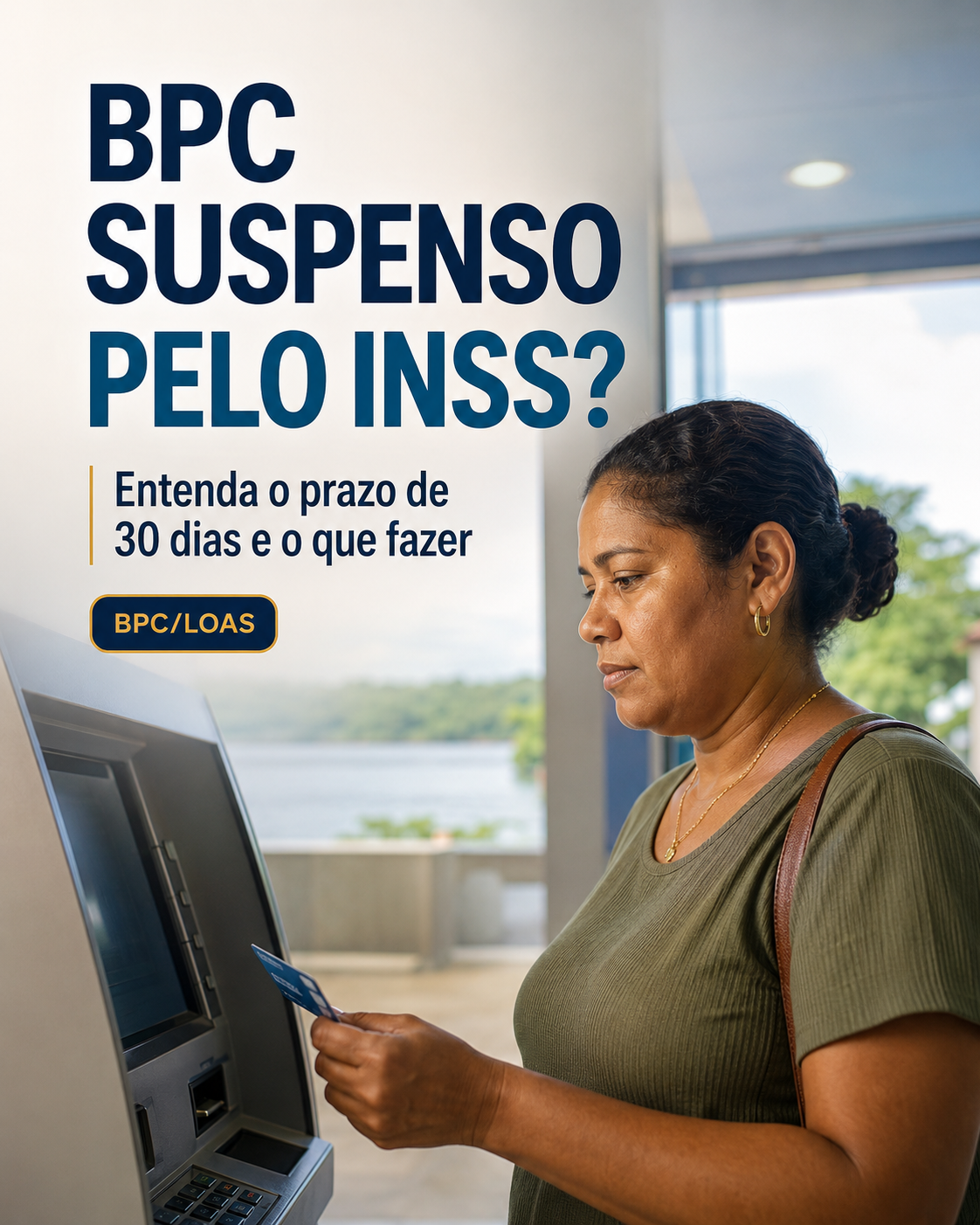 Mulher em frente a um caixa eletrônico segurando o cartão do benefício, com o rio ao fundo