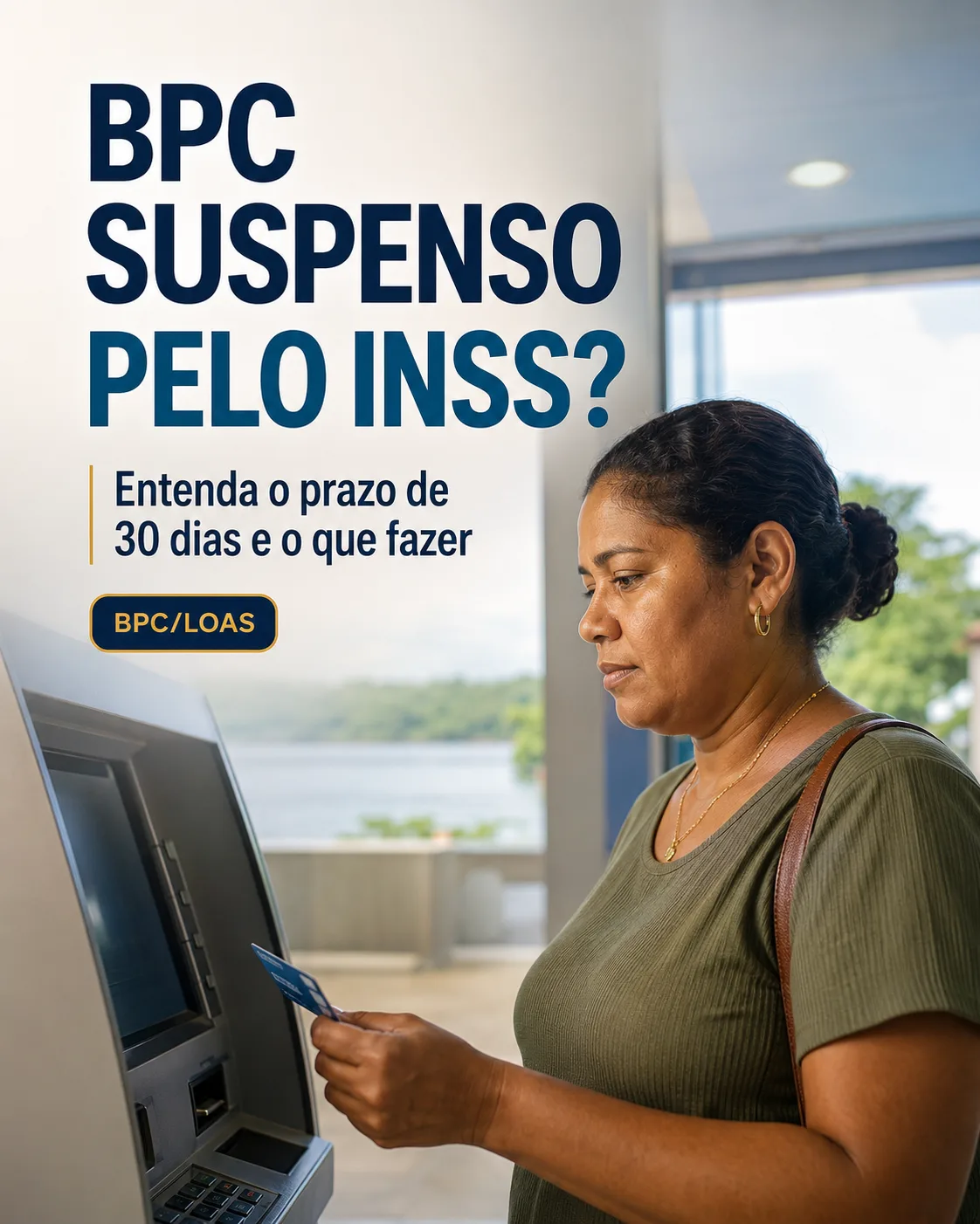 Mulher em frente a um caixa eletrônico segurando o cartão do benefício, com o rio ao fundo