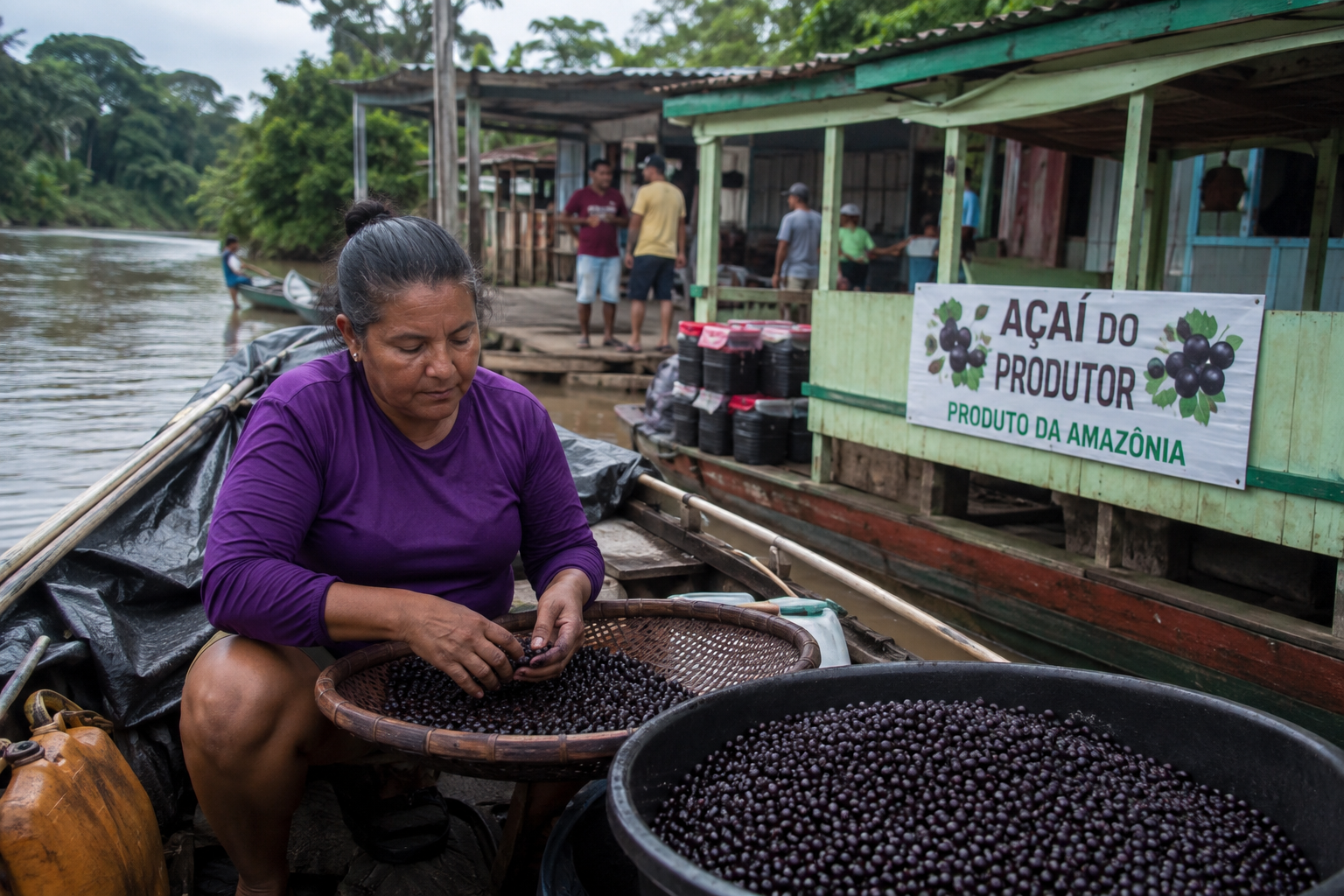 Produtora amazônica peneirando açaí em barco às margens do rio, ao lado de placa de venda de açaí do produtor