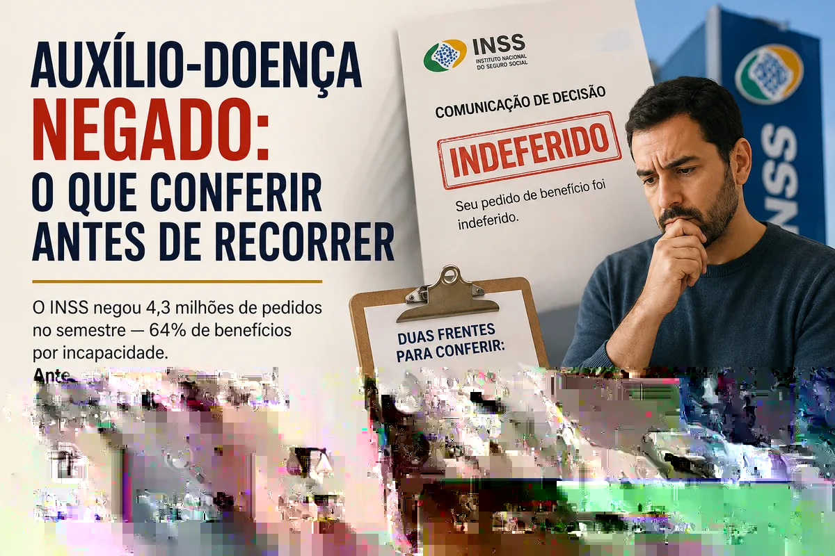 Auxílio-doença negado: o que conferir antes de recorrer — comunicação de decisão do INSS com carimbo indeferido e as duas frentes: condição de segurado e perícia médica