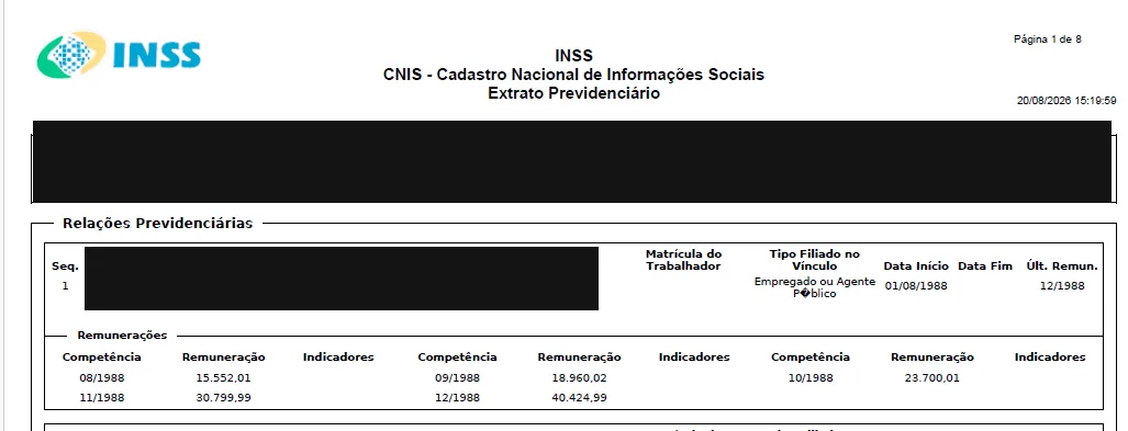 Extrato CNIS com vínculo em aberto: coluna Data Fim vazia em vínculo iniciado em 01/08/1988 — exemplo real anonimizado