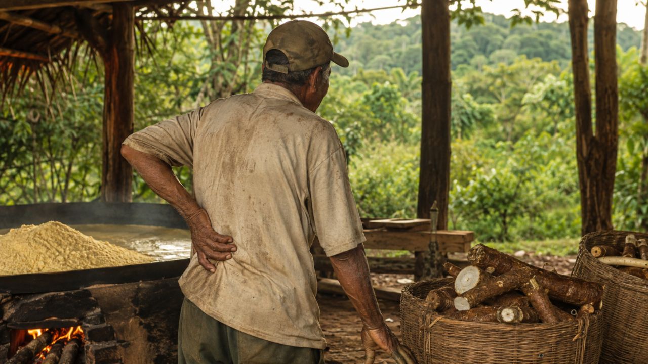 Trabalhador rural amazônico com a mão na região lombar, ao lado de uma casa de farinha — o esforço físico que afeta a coluna.
