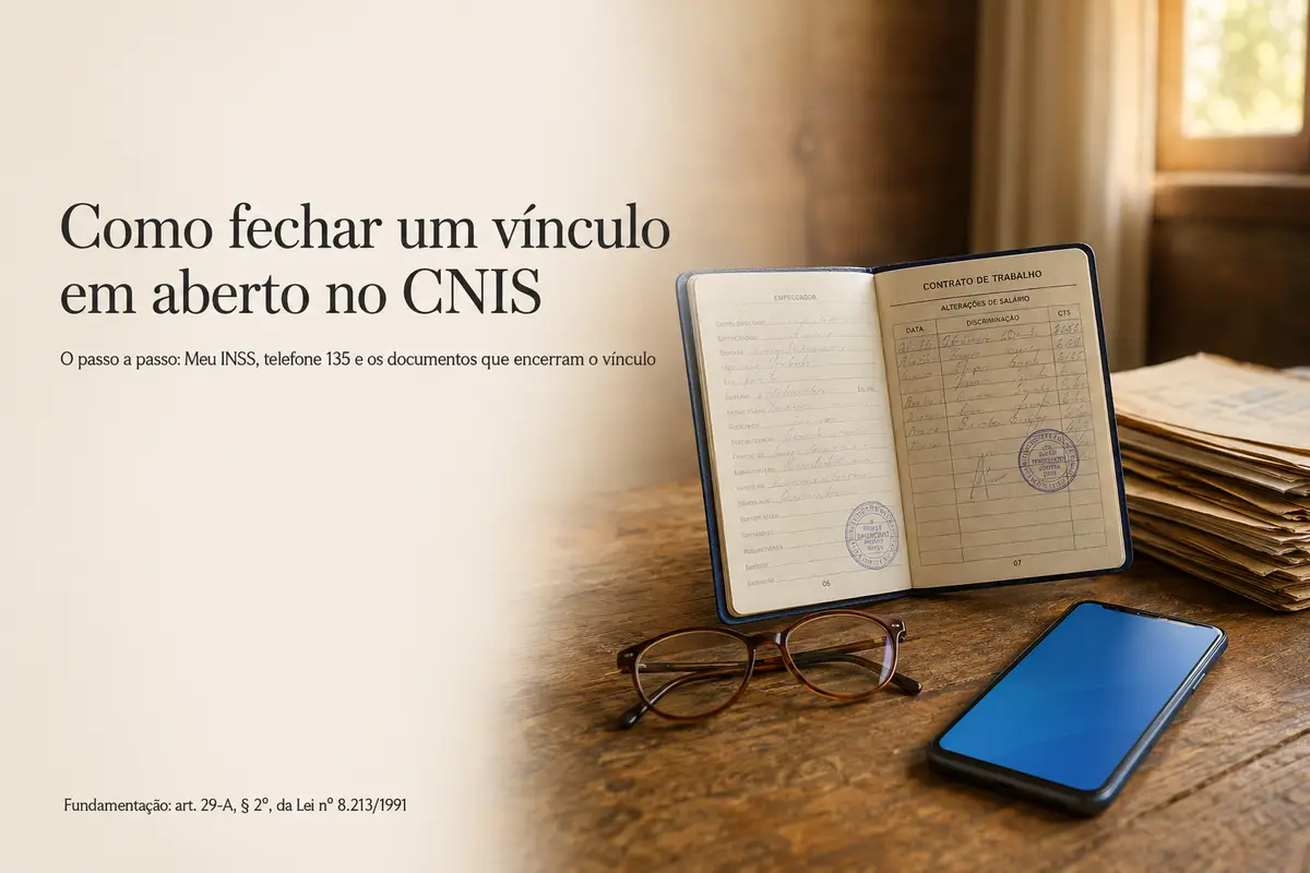 Como fechar um vínculo em aberto no CNIS — carteira de trabalho física aberta, celular com aplicativo e documentos antigos sobre a mesa; passo a passo pelo Meu INSS e telefone 135