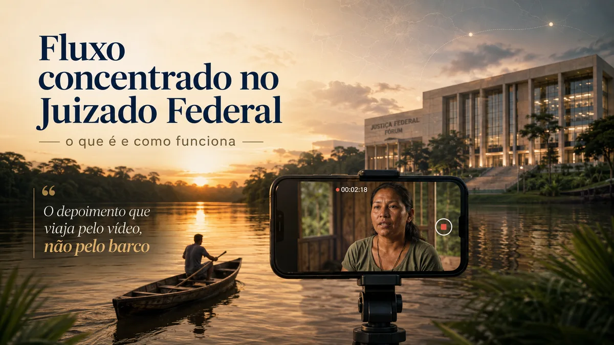 Fluxo concentrado no Juizado Federal: depoimento gravado em vídeo, com canoa e sede da Justiça Federal ao fundo