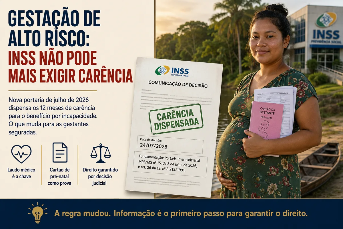Gestação de alto risco: INSS não pode mais exigir carência — gestante amazônica com cartão de pré-natal e comunicação de decisão com carência dispensada