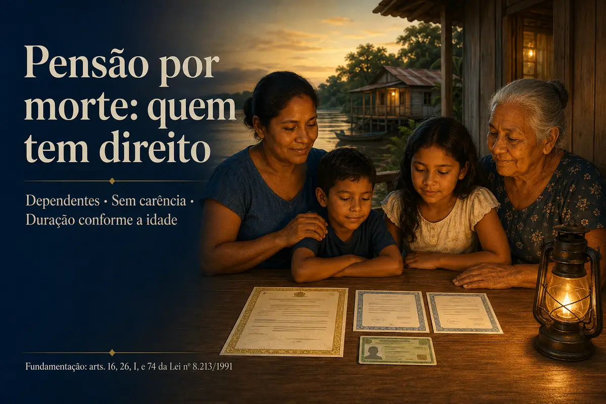 Pensão por morte: quem tem direito — família ribeirinha reunida com documentos à luz de lamparina, dependentes, sem carência, duração conforme a idade