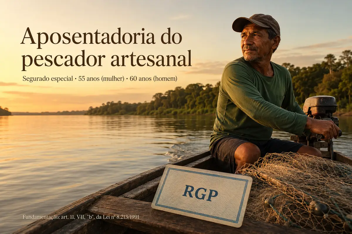 Aposentadoria do pescador artesanal: segurado especial, 55 anos mulher e 60 anos homem — pescador em canoa com rabeta e carteira RGP no rio amazônico