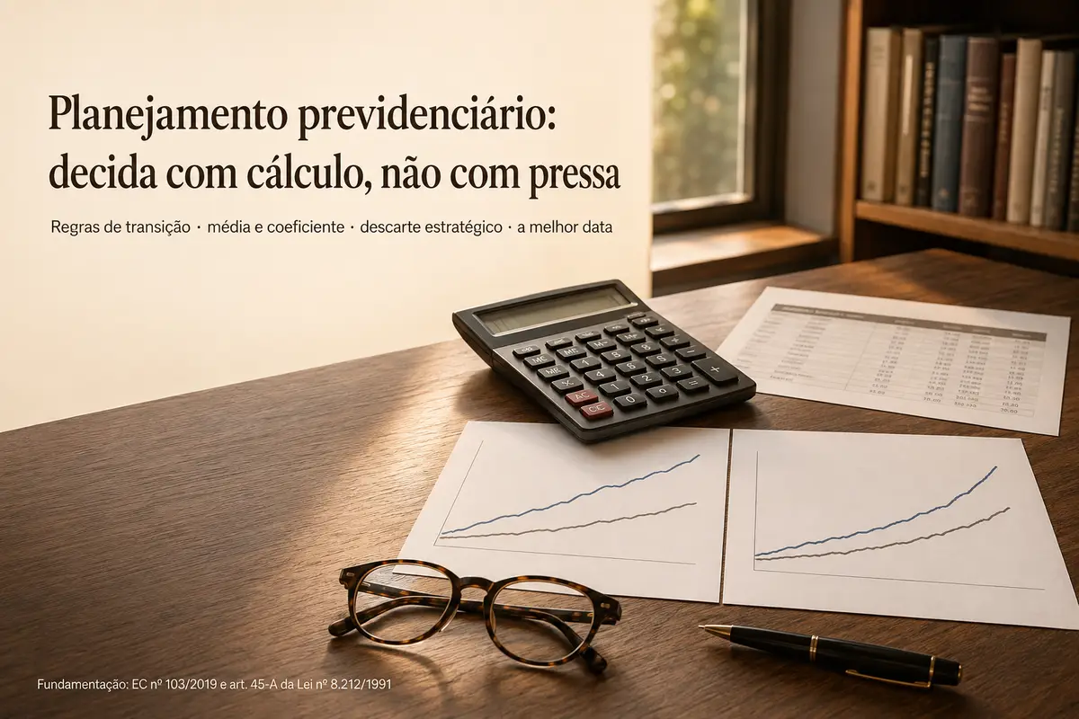Planejamento previdenciário: decida com cálculo, não com pressa — mesa com calculadora, extrato de contribuições e dois gráficos comparando cenários de aposentadoria; regras de transição, média e coeficiente, descarte estratégico e a melhor data