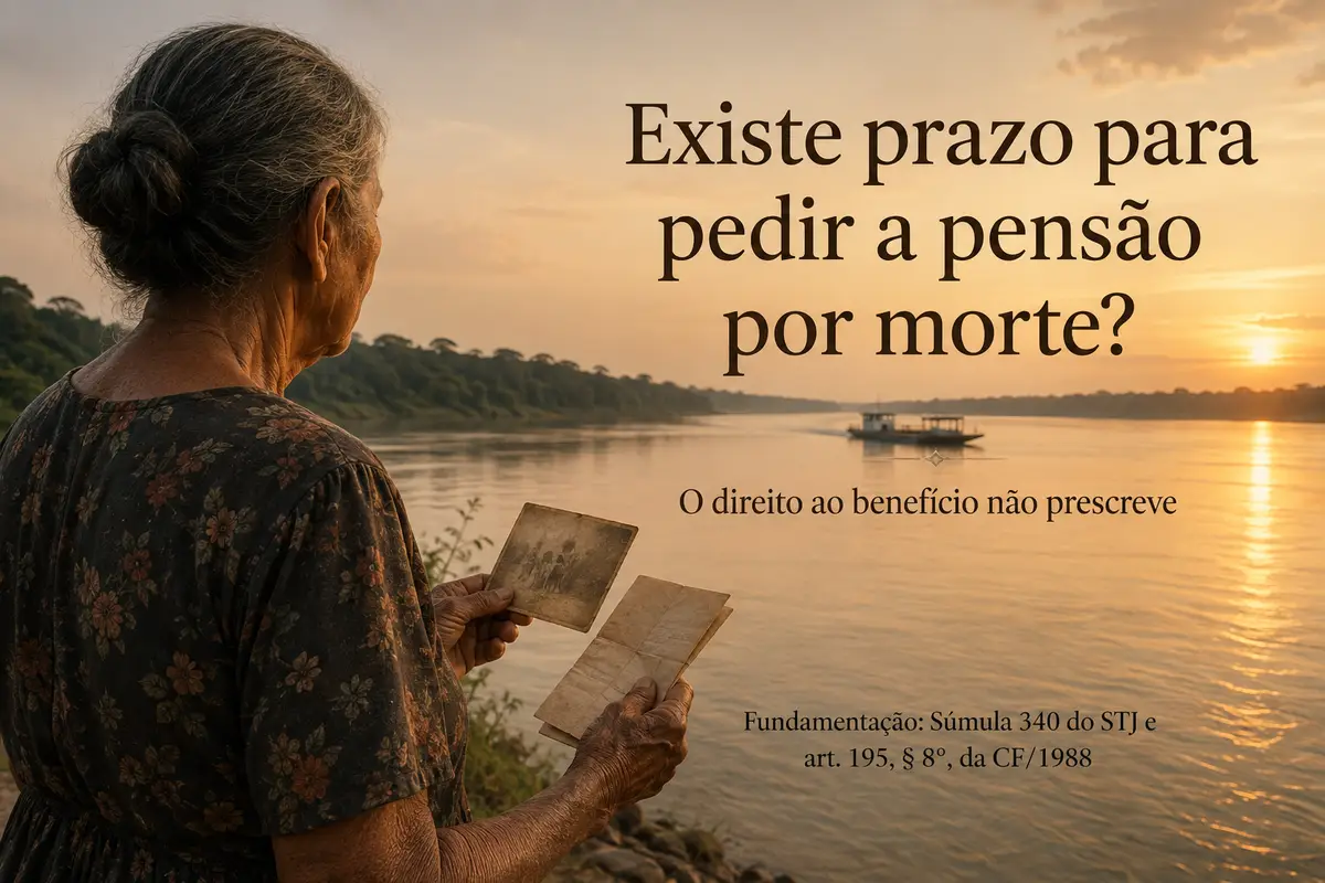 Existe prazo para pedir a pensão por morte — viúva à beira do rio ao entardecer segurando fotografia antiga, balsa ao fundo, o direito não prescreve