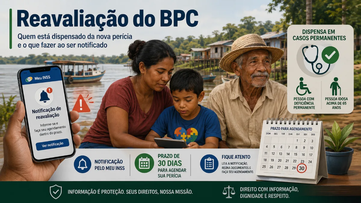 Família ribeirinha amazônica consultando notificação de reavaliação do BPC no aplicativo Meu INSS, com prazo de 30 dias para agendamento e dispensa para casos permanentes