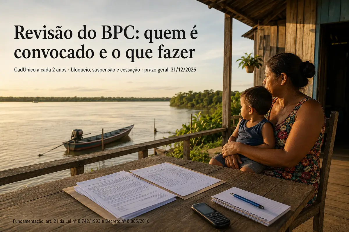 Revisão do BPC: quem é convocado e o que fazer — mãe ribeirinha com o filho no colo na varanda à beira do rio, documentos e celular sobre a mesa; CadÚnico a cada 2 anos, bloqueio, suspensão e cessação, prazo geral 31/12/2026