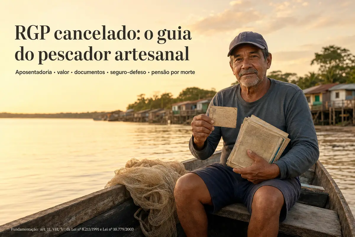 RGP cancelado: o guia do pescador artesanal — pescador na canoa segurando a carteira de pesca antiga e documentos, colônia de palafitas ao fundo; aposentadoria, valor, documentos, seguro-defeso e pensão por morte