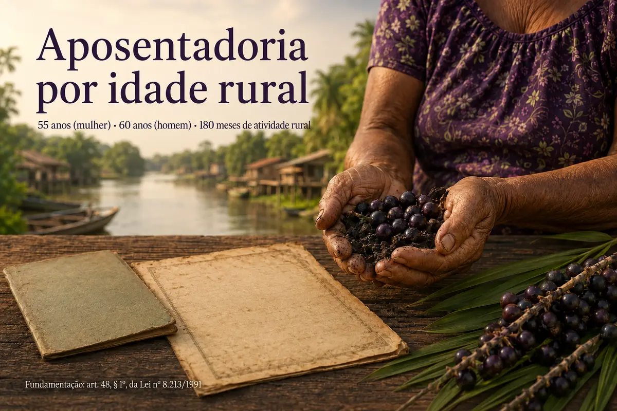 Aposentadoria por idade rural: 55 anos mulher, 60 anos homem, 180 meses de atividade — mãos de trabalhadora com açaí e documentos antigos em comunidade ribeirinha
