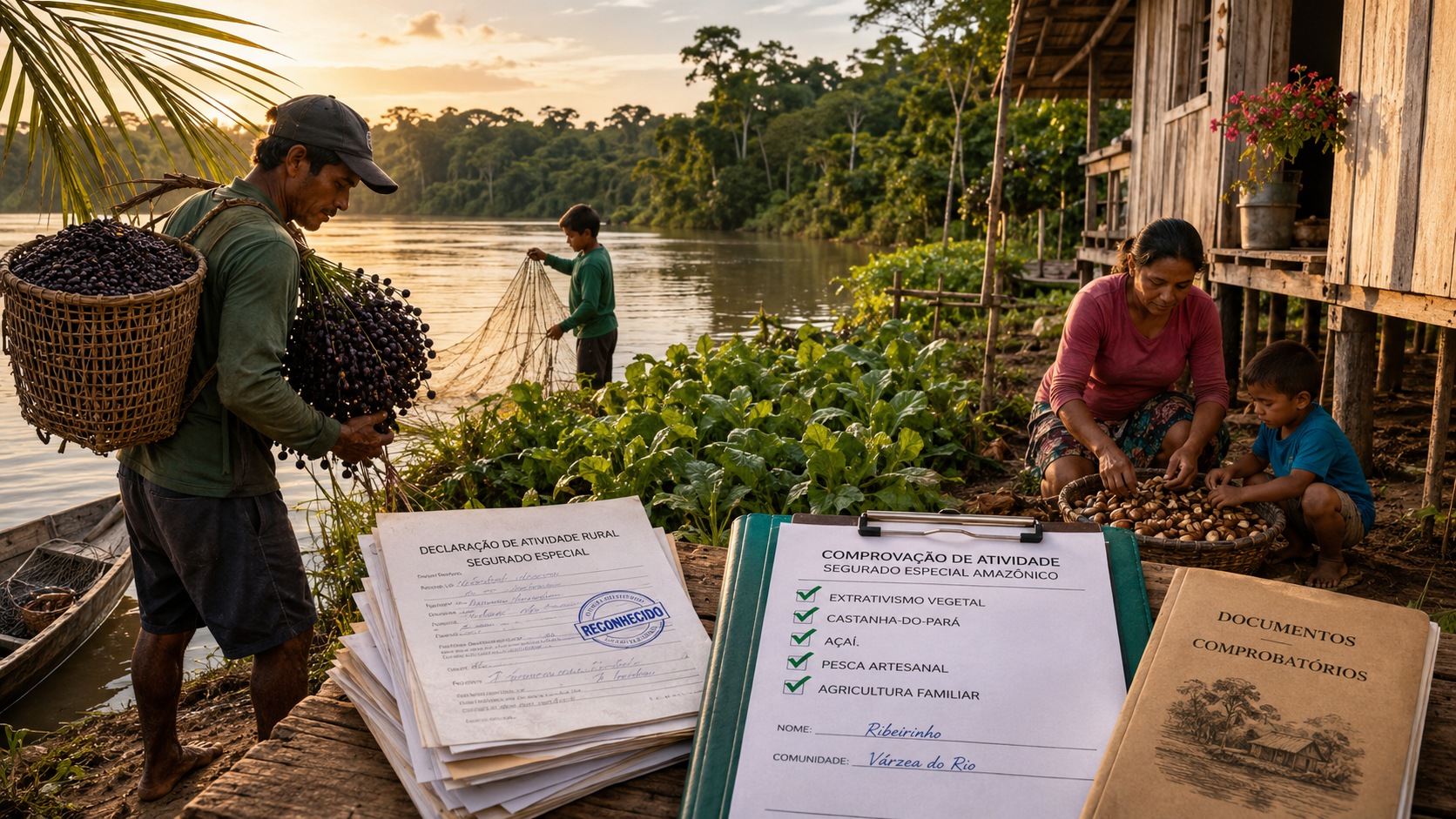 Família ribeirinha amazônica colhendo açaí e castanha às margens do rio, ao lado de documentos de comprovação de atividade rural para o INSS