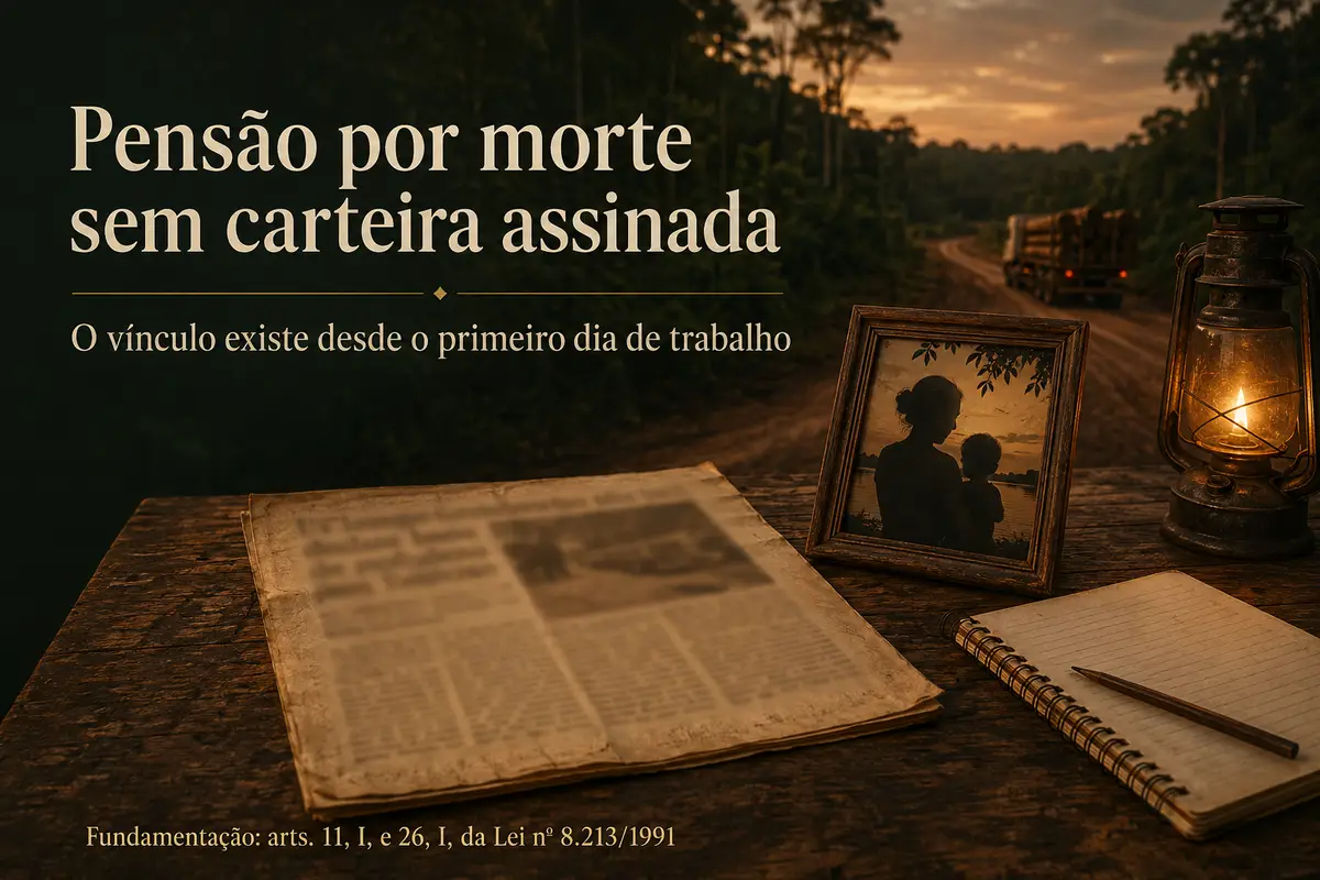 Pensão por morte sem carteira assinada — recorte de jornal antigo, retrato de mãe e filho e caderno sobre mesa, estrada madeireira ao fundo