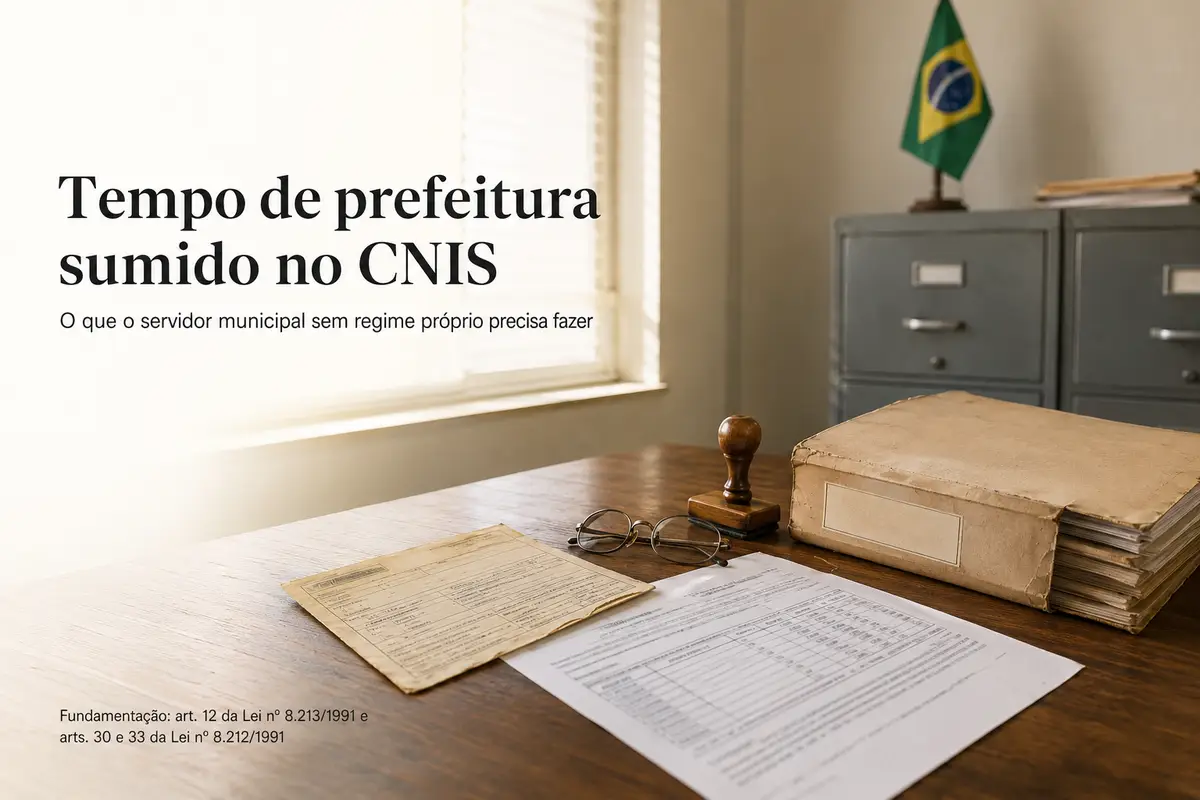 Tempo de prefeitura sumido no CNIS: o que o servidor municipal sem regime próprio precisa fazer — mesa de repartição com contracheque antigo, extrato, carimbo e pasta de arquivo, bandeira do Brasil ao fundo