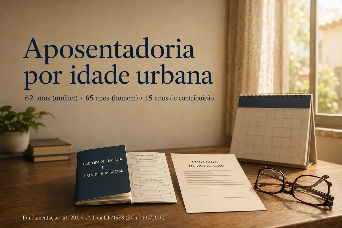 Aposentadoria por idade urbana: 62 anos mulher, 65 anos homem, 15 anos de contribuição — carteira de trabalho, calendário e óculos sobre a mesa