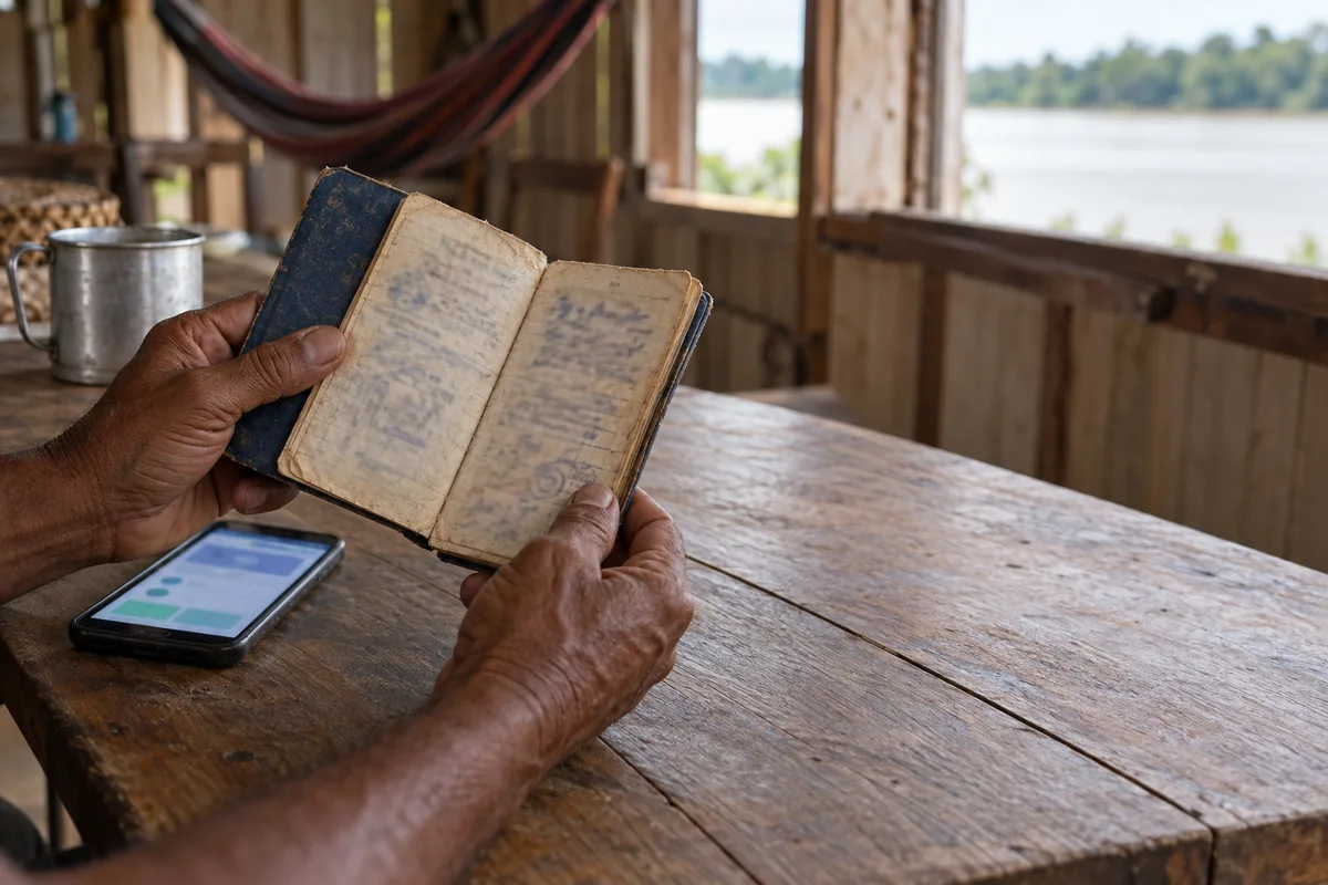 Mãos de um trabalhador segurando uma carteira de trabalho de papel antiga, com o celular ao lado, em casa ribeirinha à beira do rio