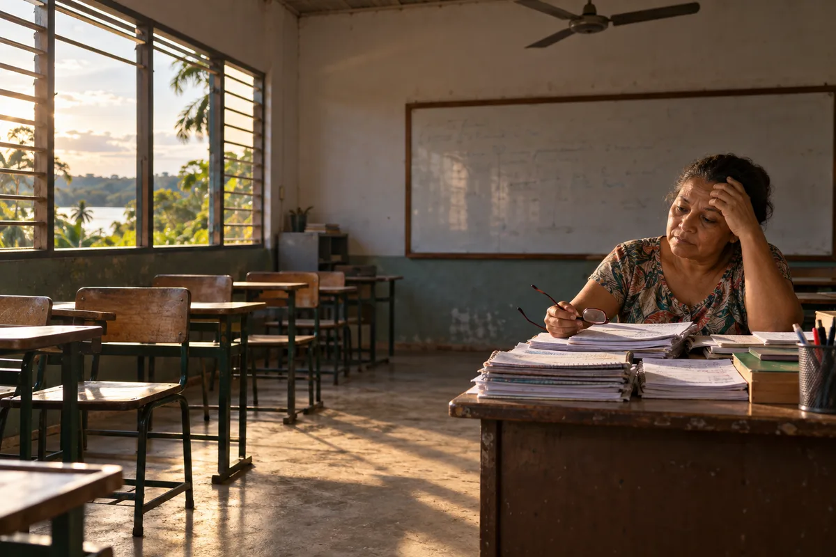 Professora cansada sentada à mesa de uma sala de aula vazia no interior da Amazônia, com pilha de cadernos, ao entardecer