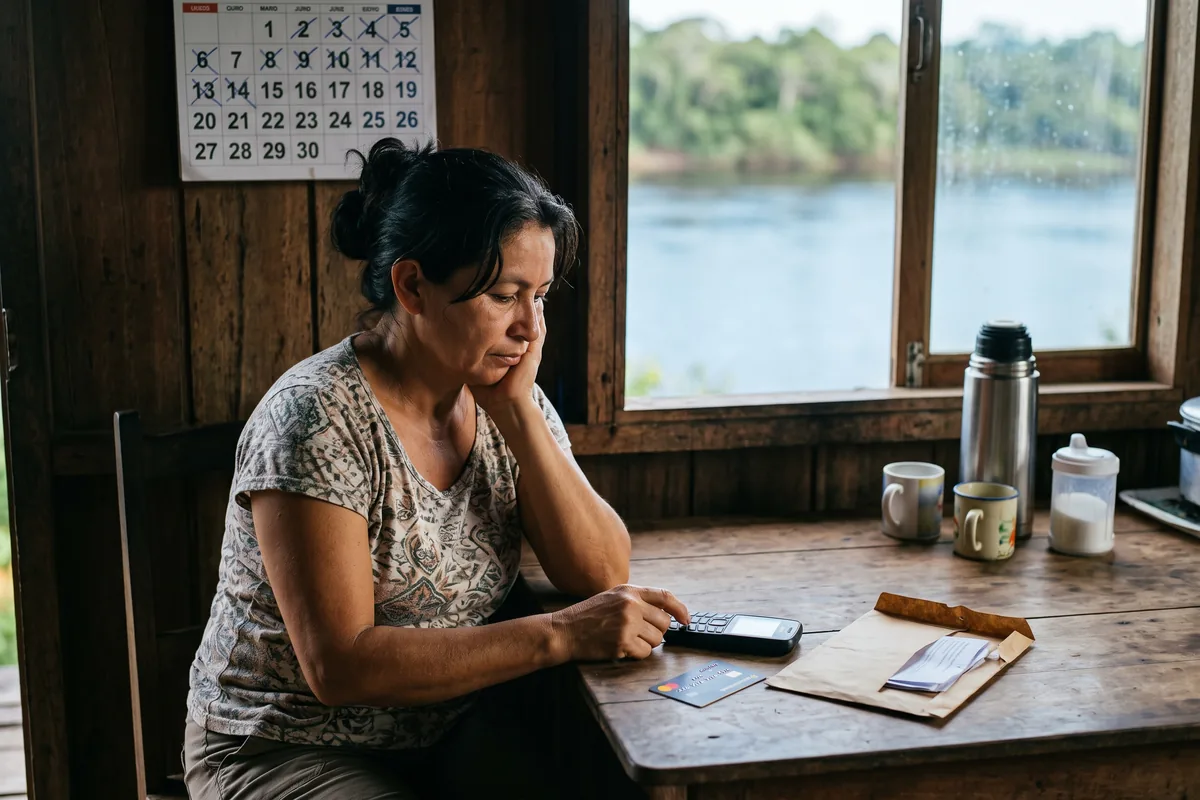 Mulher de meia-idade sentada à mesa de uma casa de madeira à beira do rio, apoiando o queixo na mão e olhando um celular simples; ao lado, cartão de banco e envelope aberto; na parede, calendário com dias riscados